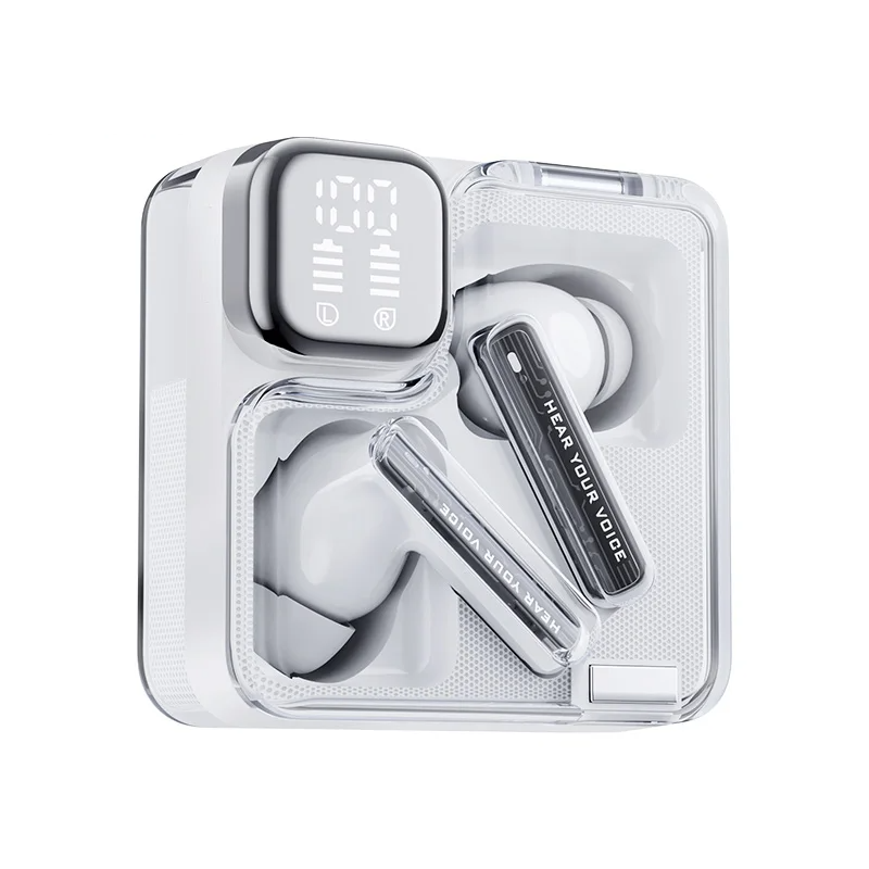 Clear wireless earbuds charging case.