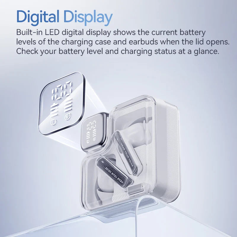 Clear wireless earbuds charging case with digital display.