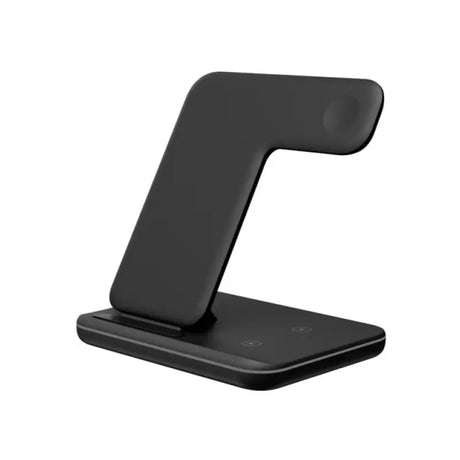 a close up of a black phone stand on a white background