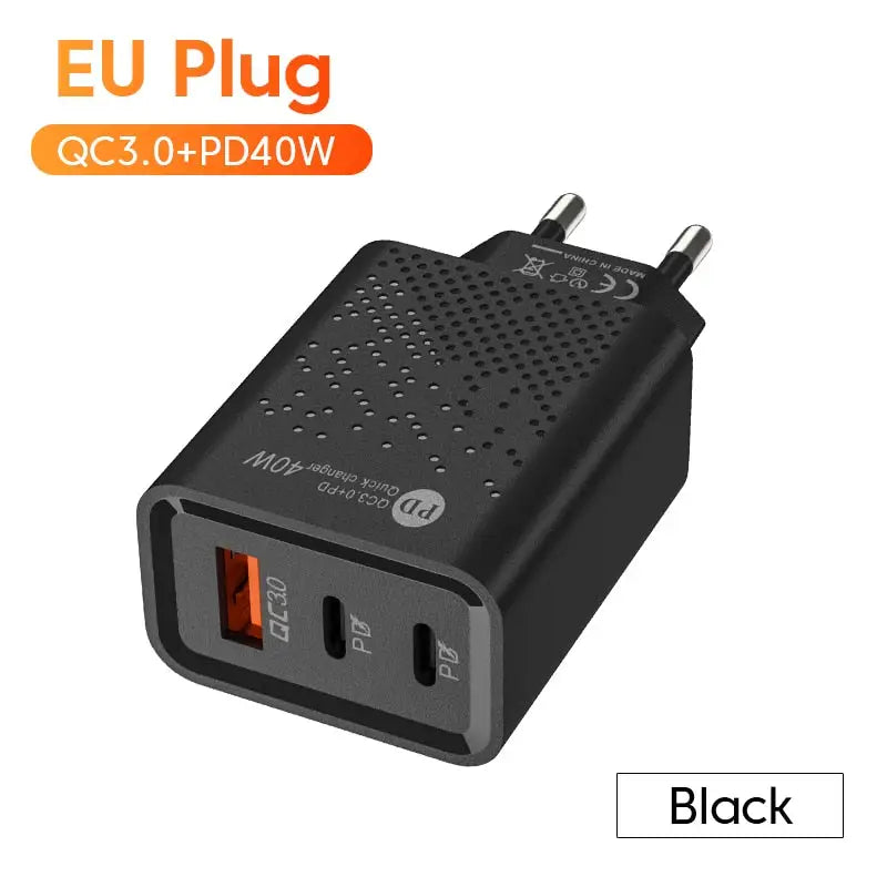 a close up of a black eu plug with a white background