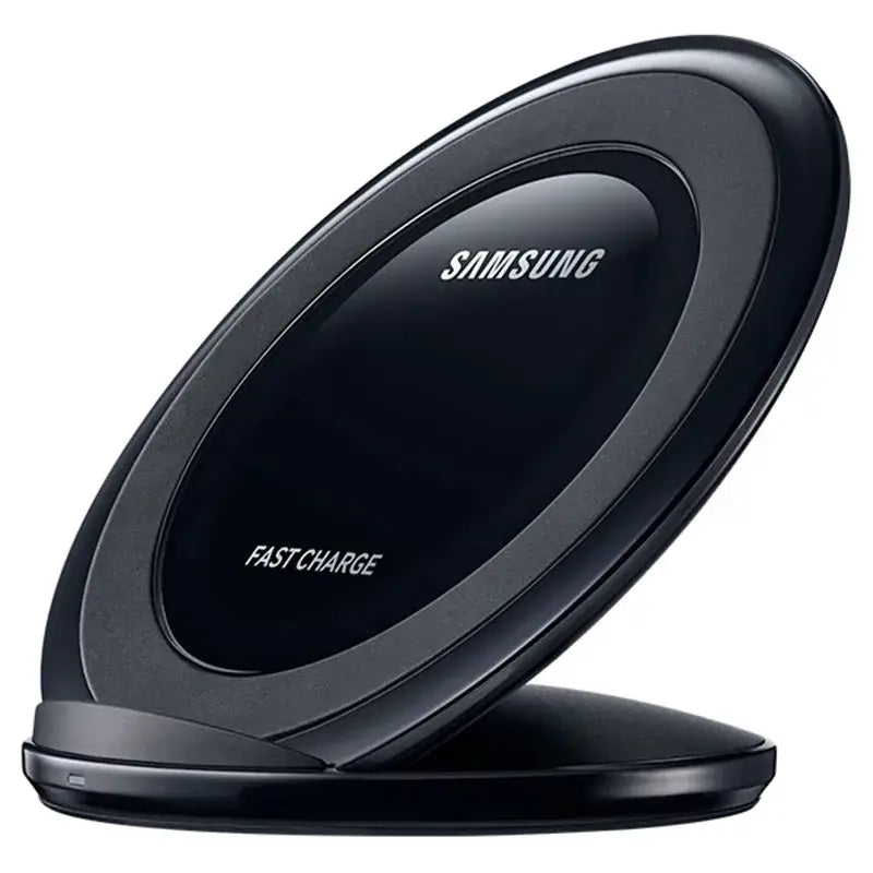 A close up of a black samsung wireless charger on a white surface