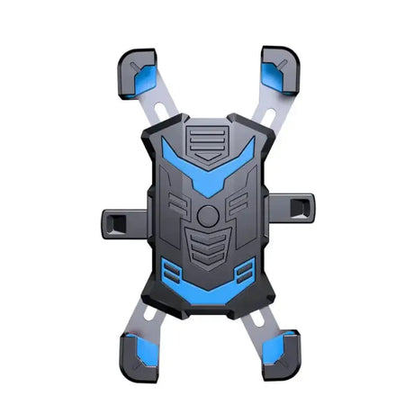 the back of a blue and black chest armor
