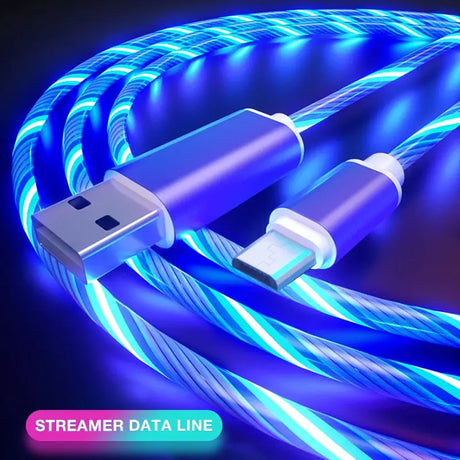 a close up of a blue and white usb cable connected to a charger