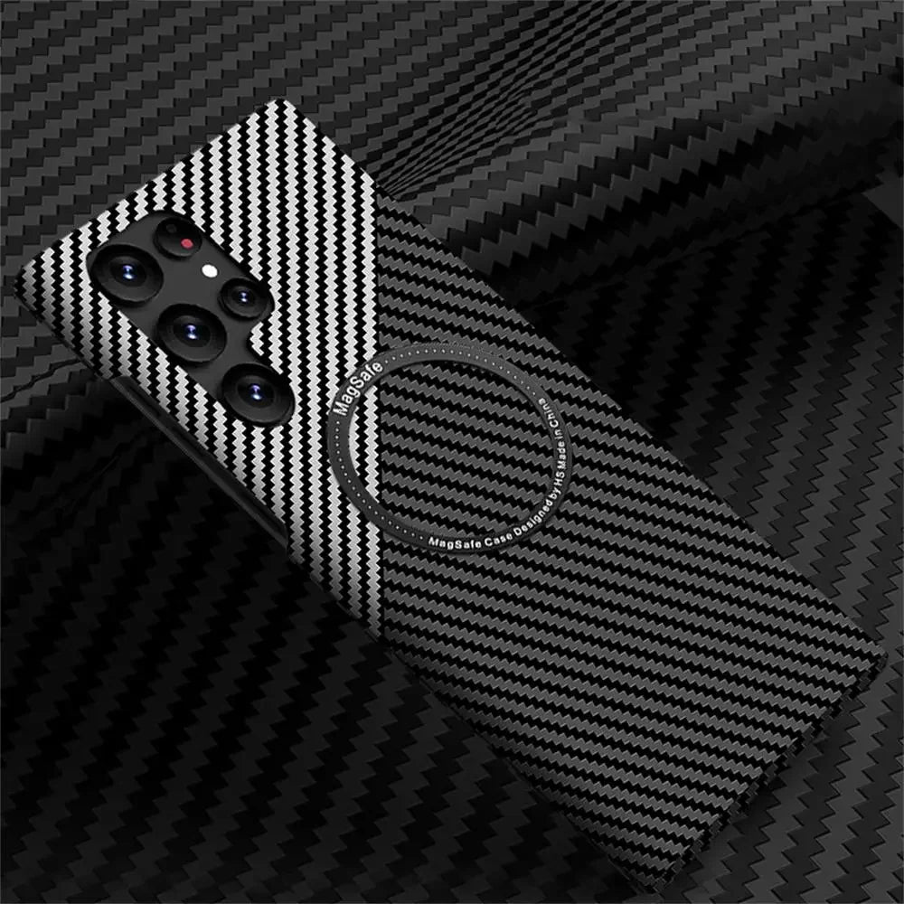 a close up of a cell phone with a carbon fiber case