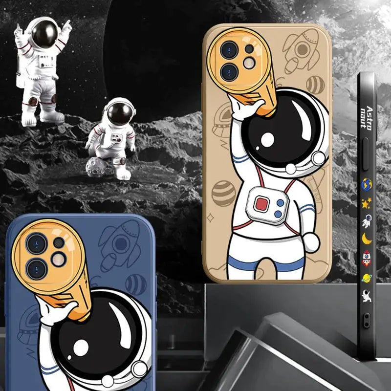 A close up of a cell phone case with an astronaut on it