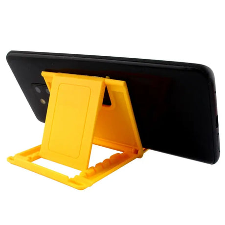 a close up of a cell phone holder with a yellow stand
