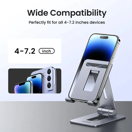 A close up of a cell phone on a stand with a phone in the background