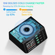 A close up of a cell phone charging station with a clock