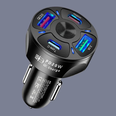a close up of a car charger with a blue light
