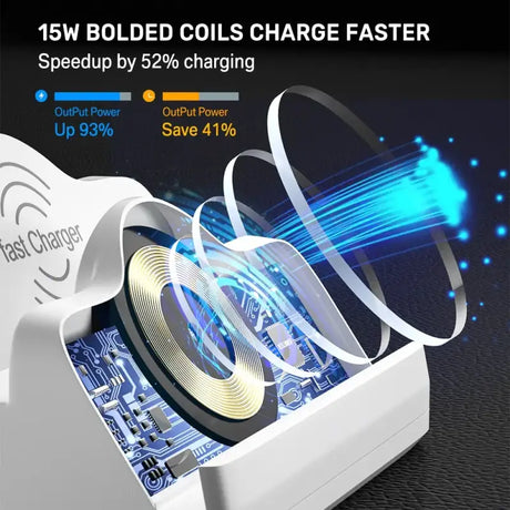 A close up of a charging device with a blue light