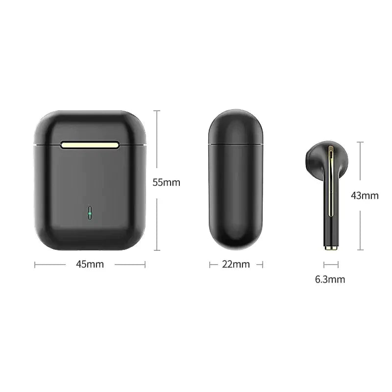 A close up of a pair of earphones with measurements