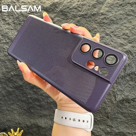 the back of a purple iphone case with a hand holding it