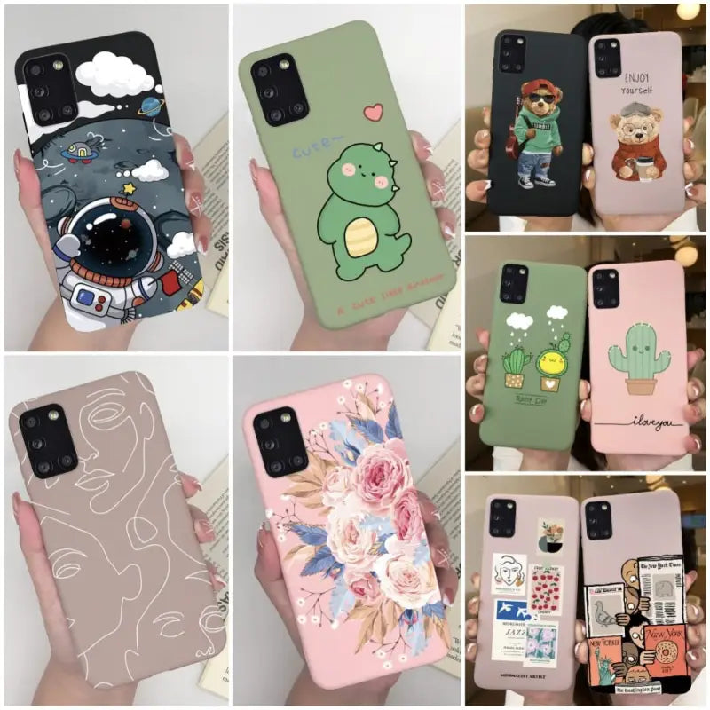 a close up of a person holding a cell phone with a bunch of different designs