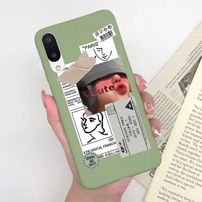 someone holding a phone case with a picture of a woman with a hat on