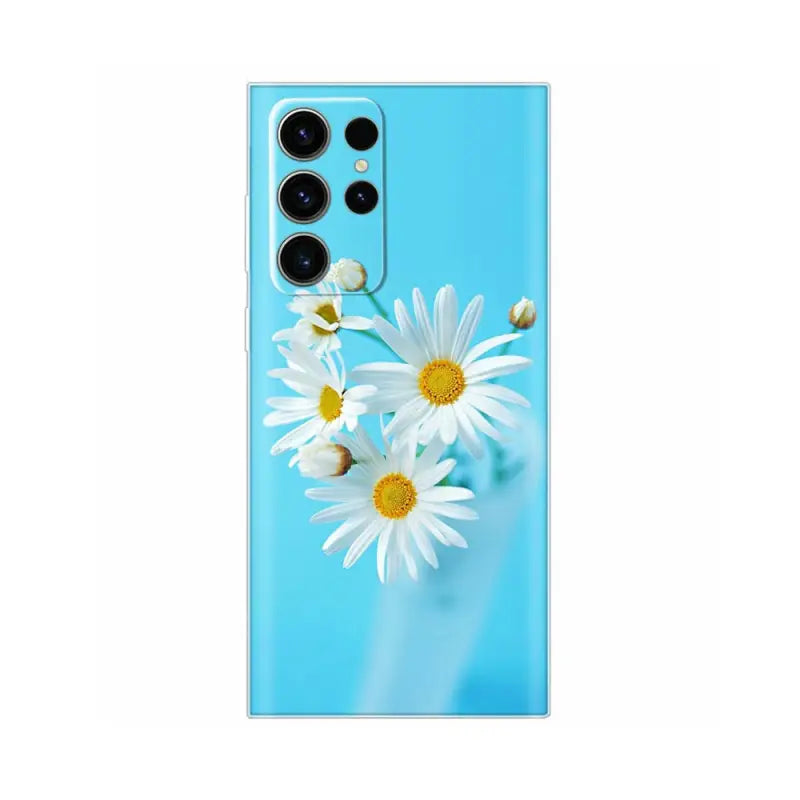 the back of a white flower phone case