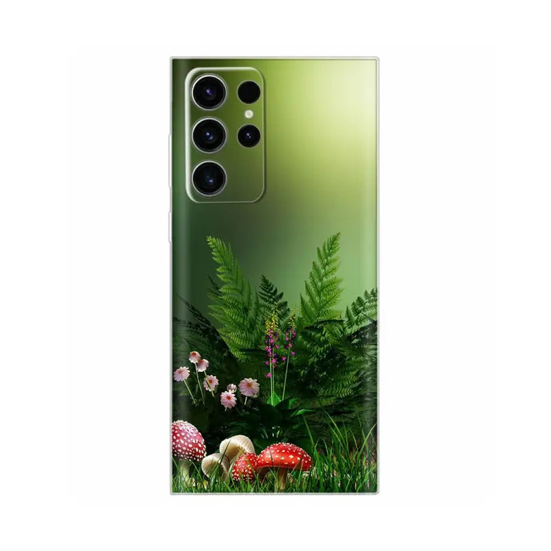 a green forest with mushrooms and ferns