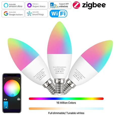 A close up of a smart light bulb with a phone
