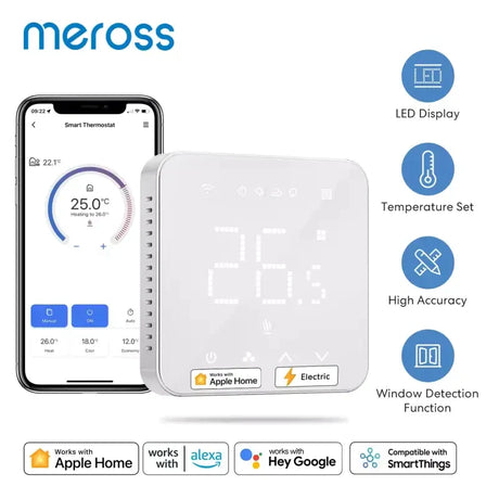 A close up of a smart thermostar with a phone