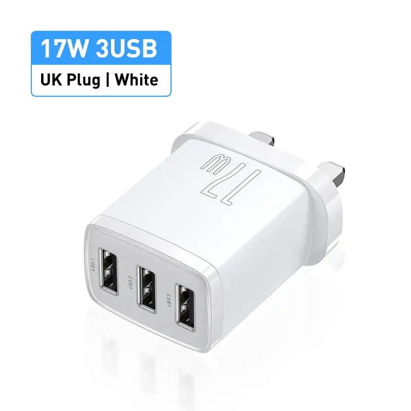 a close up of a white usb charger with a white background