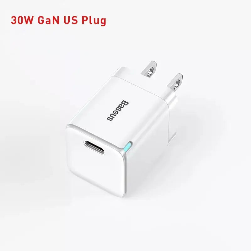 a close up of a white wall charger with a red text