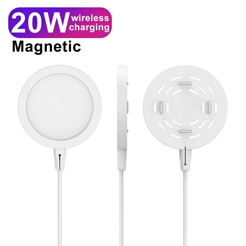 a close up of a white light with a charger and a cable