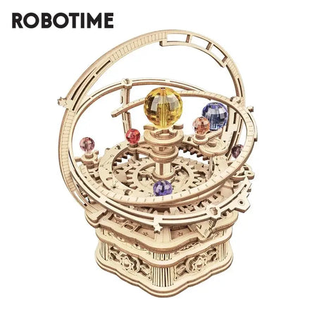 the robot robot model is made from wood and has a rotating mechanism