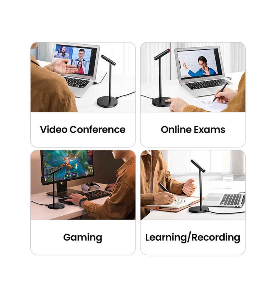Collage of four images showcasing different uses for a desk lamp or microphone stand in digital activities.