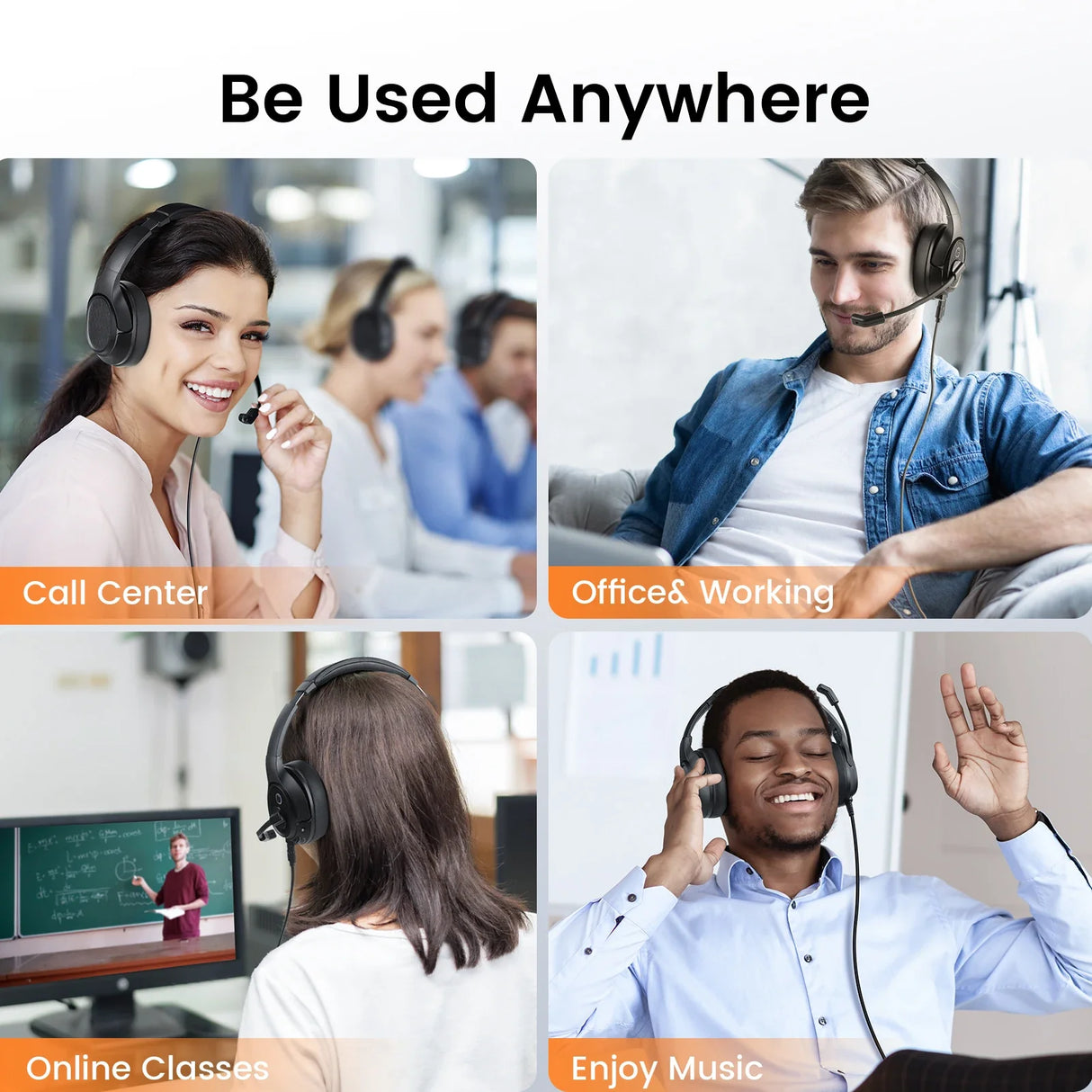 Collage of four images showing people using headphones in different settings.