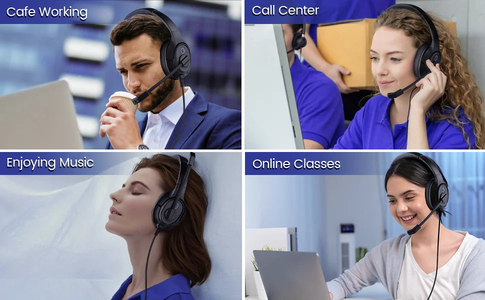 Collage of four images showing people wearing headphones in different work settings.