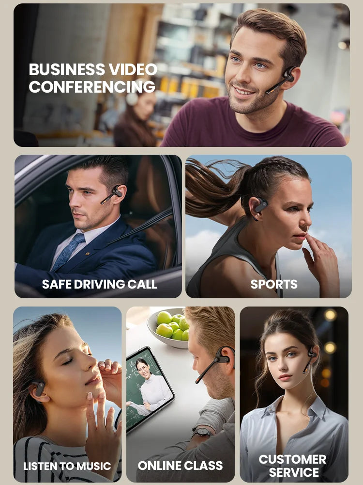 Collage of images depicting various uses of wireless earbuds or headphones.