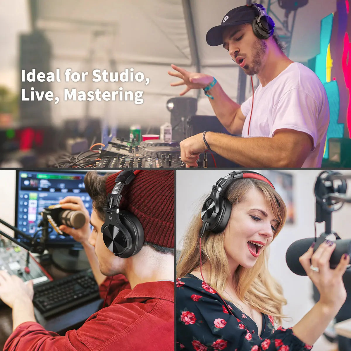 Collage of three images showing people using audio equipment in studio settings.