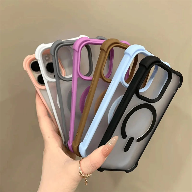 A collection of clear smartphone cases with colored bumpers and MagSafe compatibility.