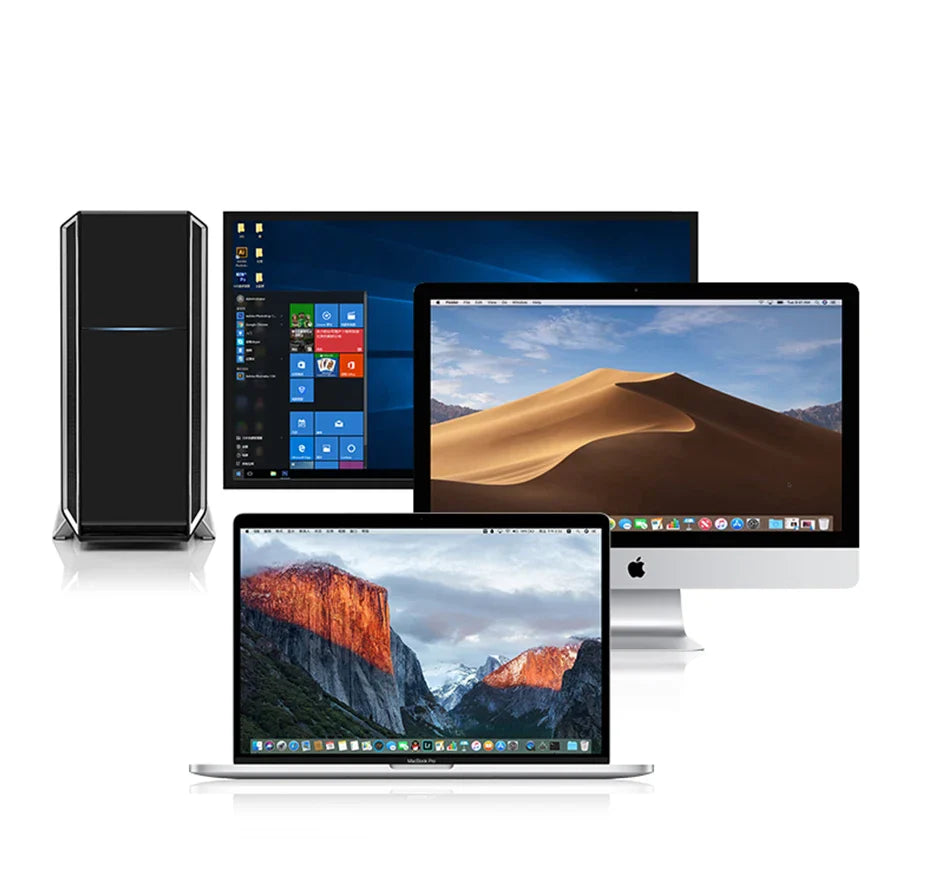 Collection of computer devices including a desktop tower, monitors displaying different operating systems, and a laptop.