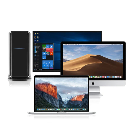 Collection of computer devices including a desktop tower, monitors displaying different operating systems, and a laptop.