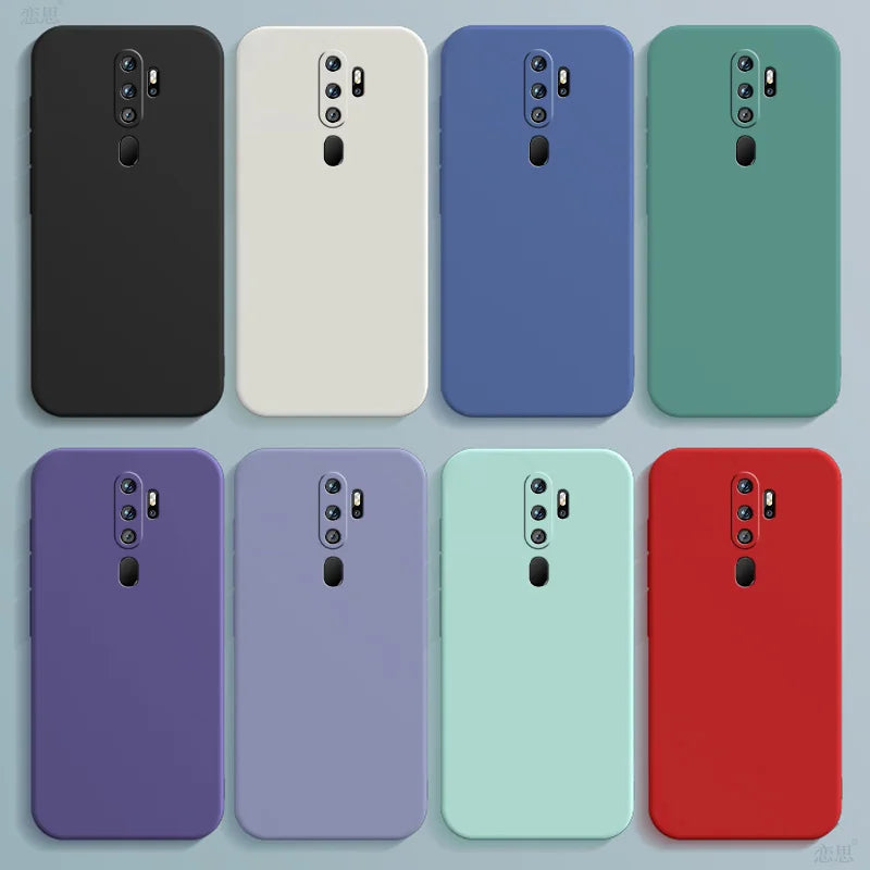A collection of eight matte finish straight edge silicone phone cases in solid colors for oppo a5 a9 a11 a11x 5g back side
