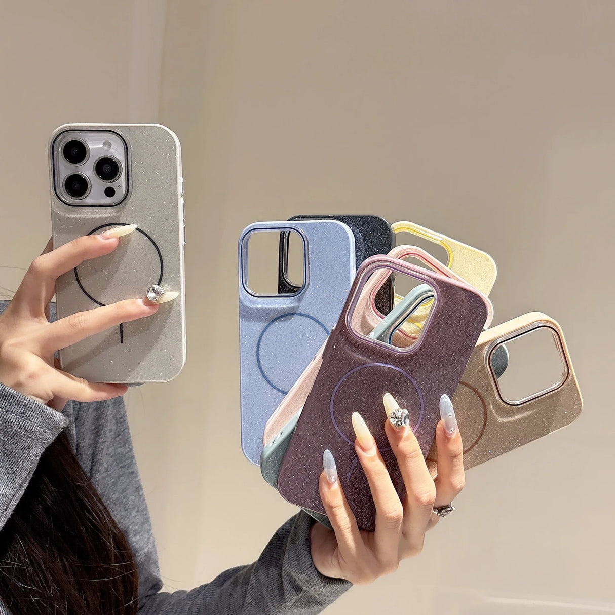 A collection of glittery pastel slim phone cases with built-in magnetic ring stands for wireless charging iphone