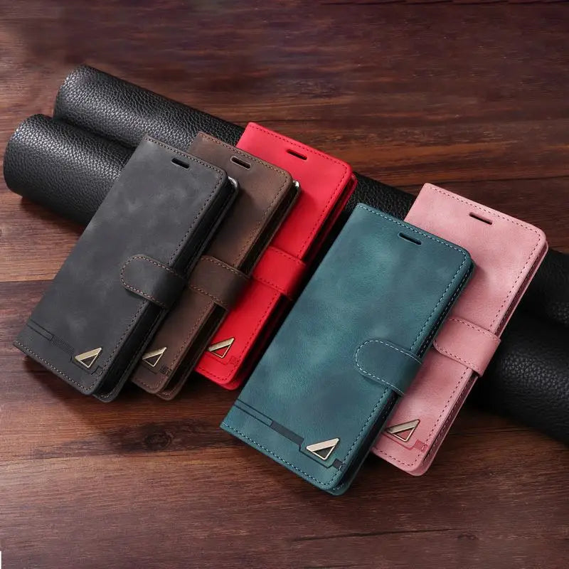 Collection of leather wallet phone cases in various colors.