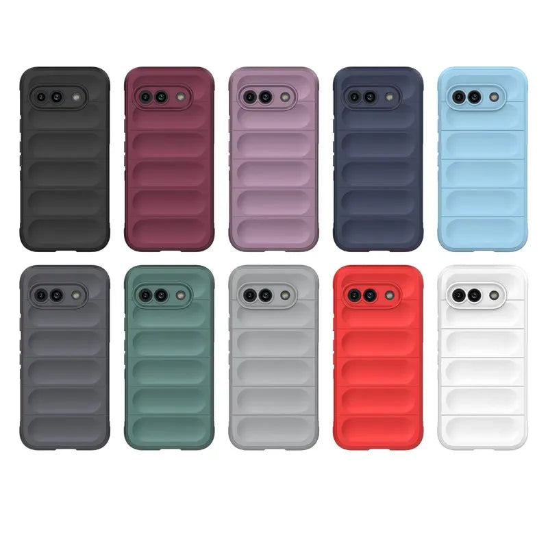 A collection of smartphone cases in various colors, featuring a ribbed, padded design and a horizontal camera cutout.