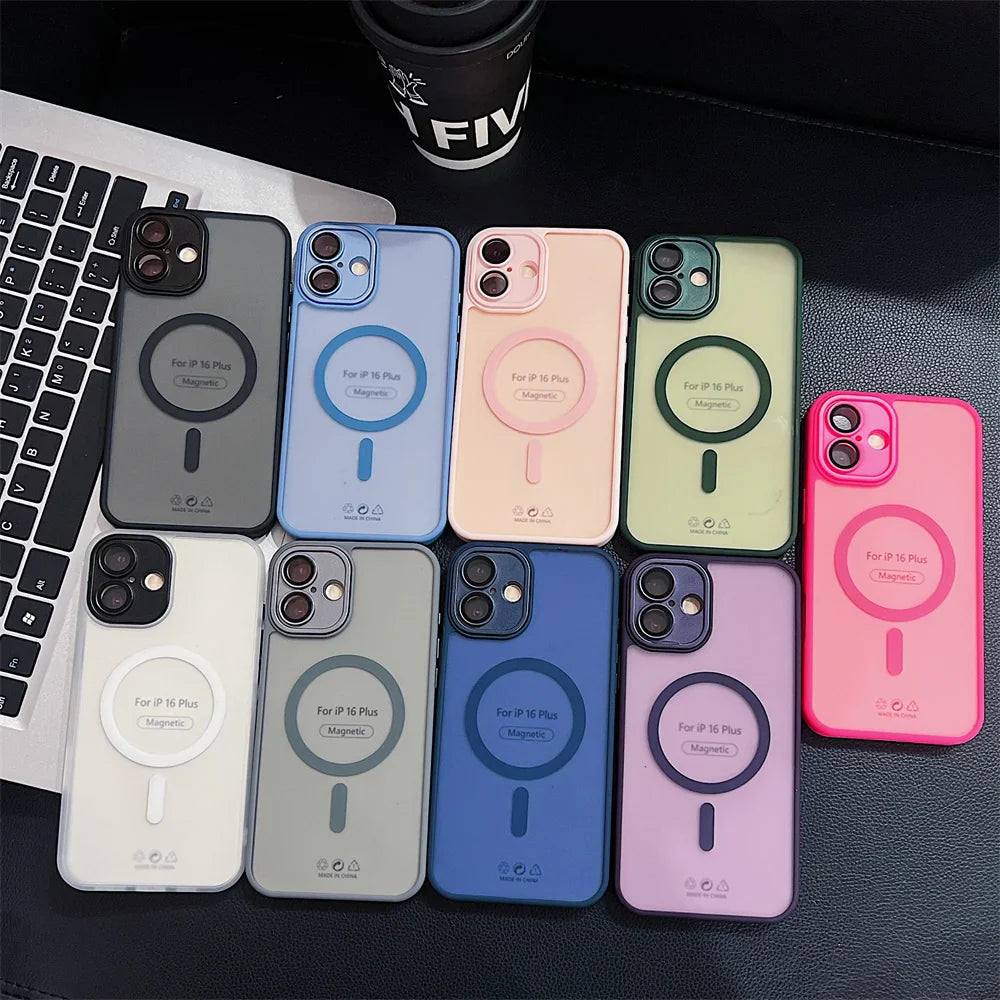 Colorful iPhone cases with magnetic charging rings.