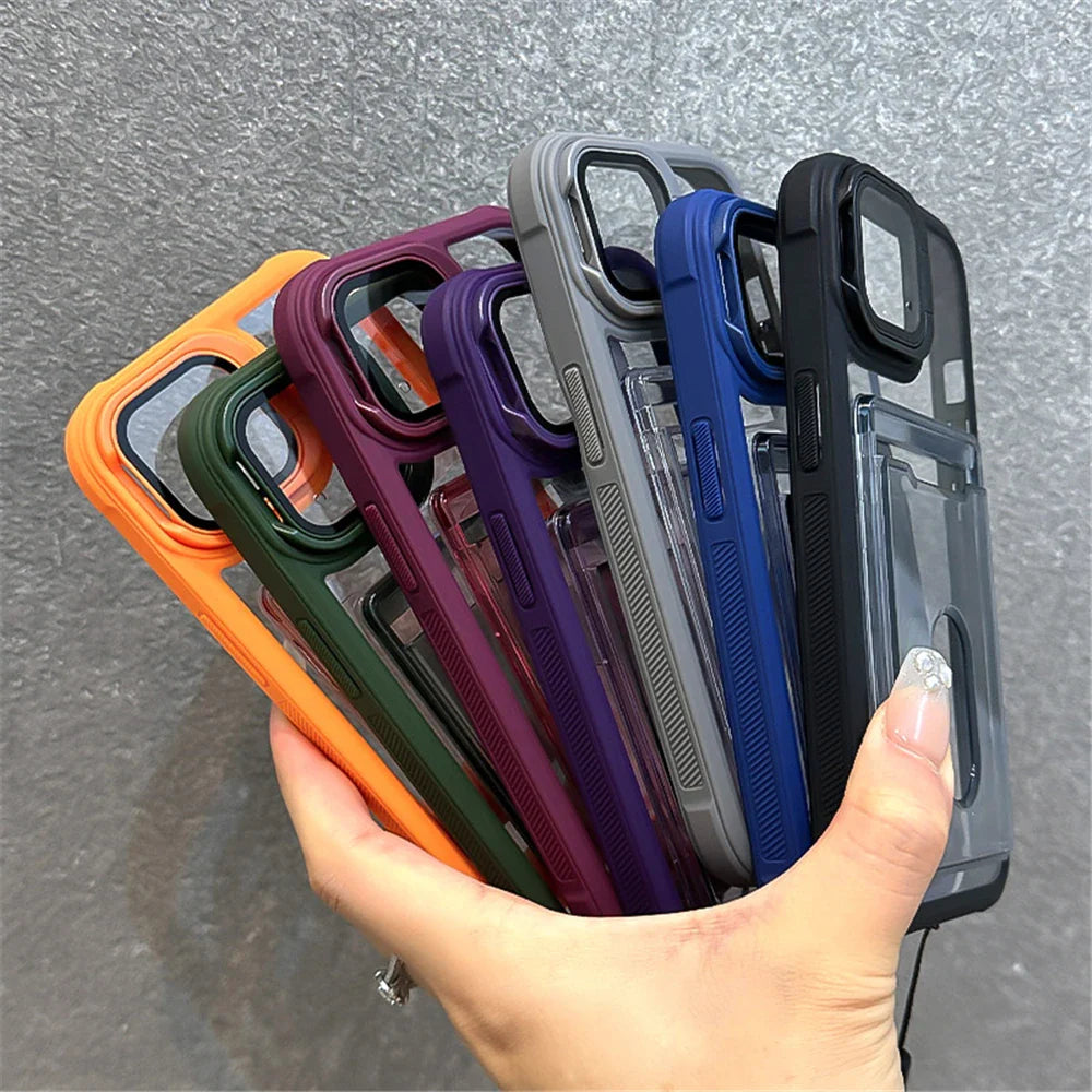 Colorful phone cases with card slots.