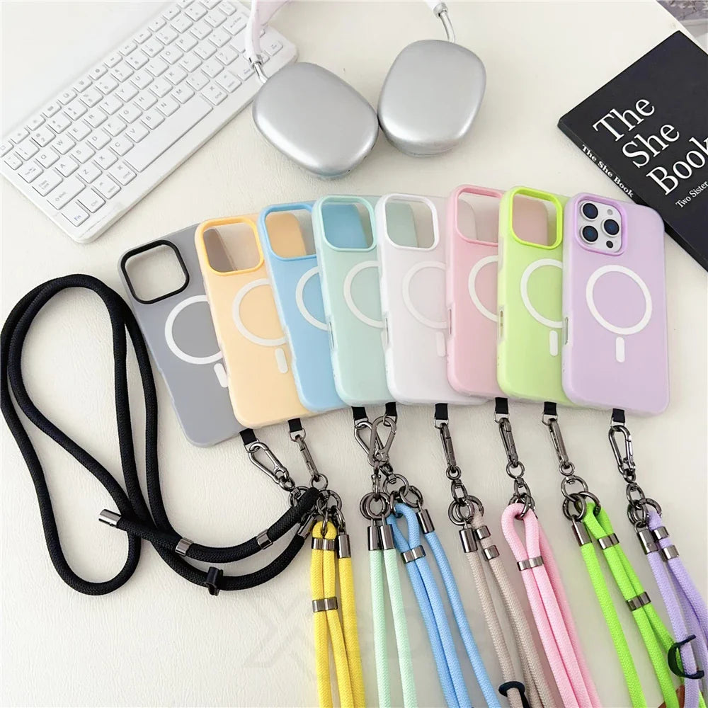 Colorful phone cases with lanyards.