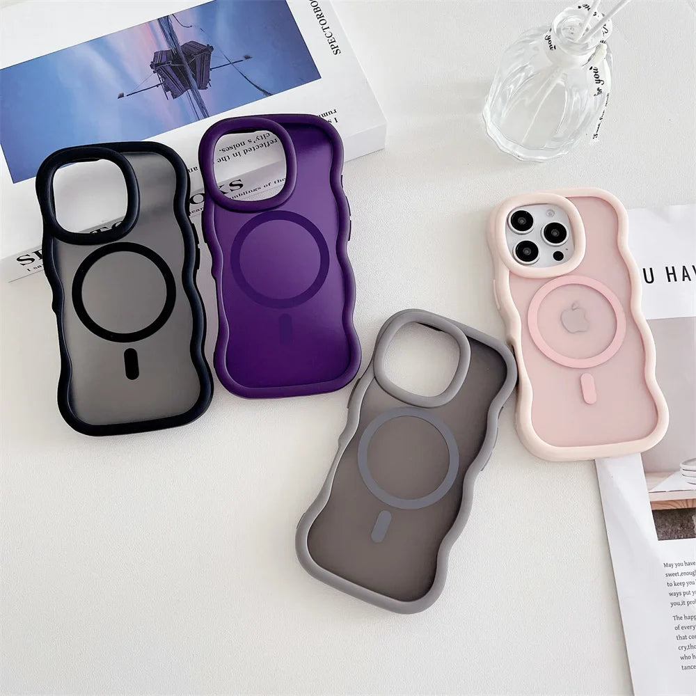 Colorful, wavy-edged phone cases with magnetic charging rings.