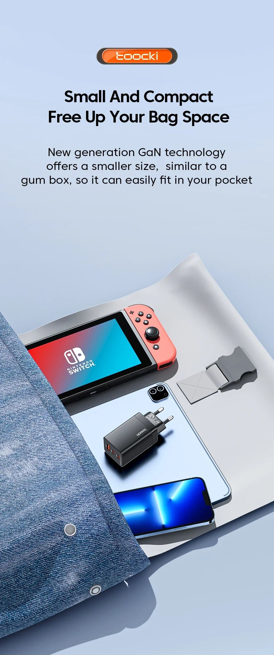Compact charger or power adapter with GaN technology for portable devices.
