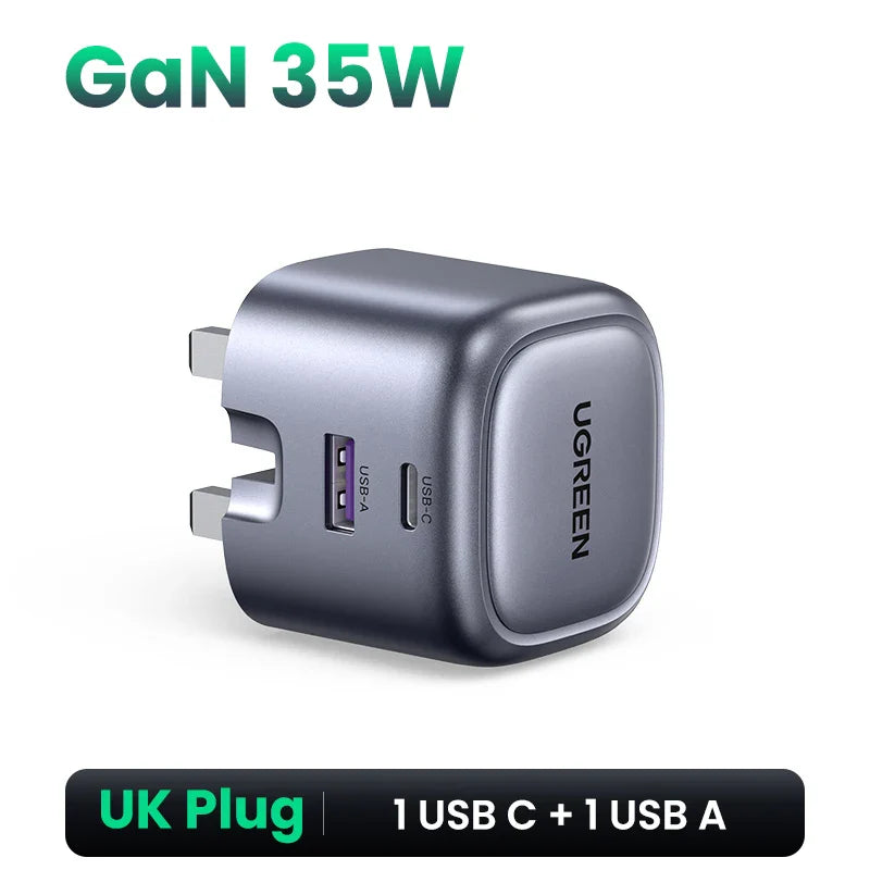 Compact GaN 35W charger with UK plug, featuring one USB-C and one USB-A port.
