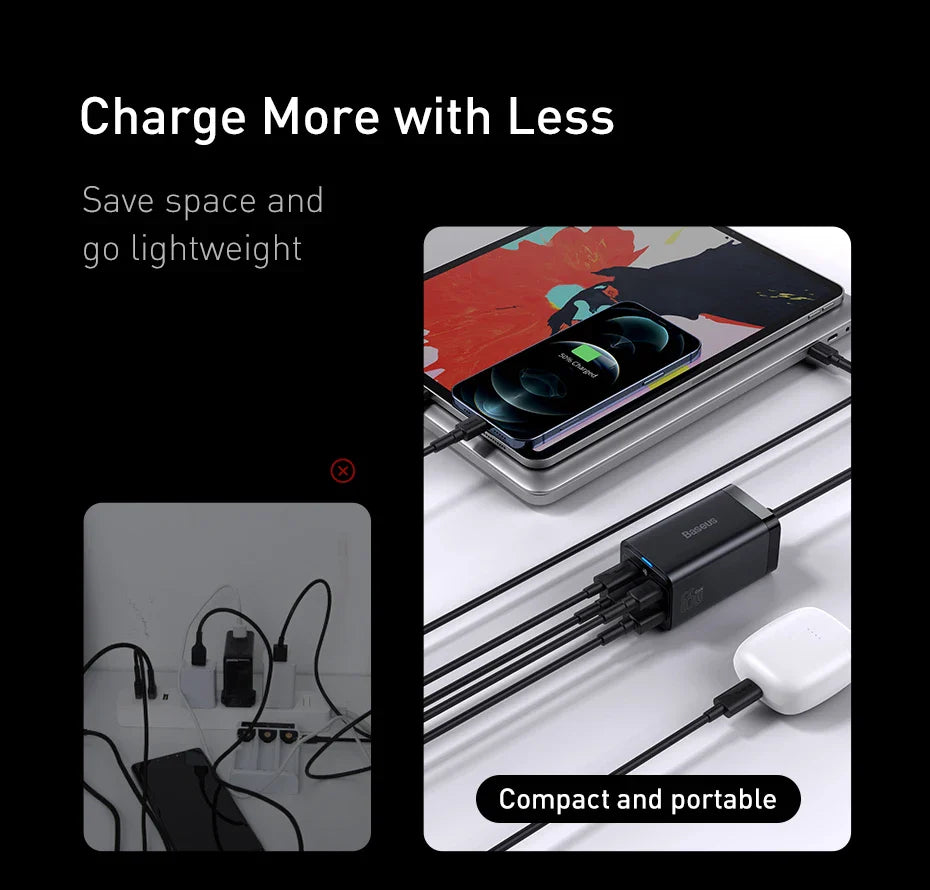 Compact multi-port charging device for mobile devices.