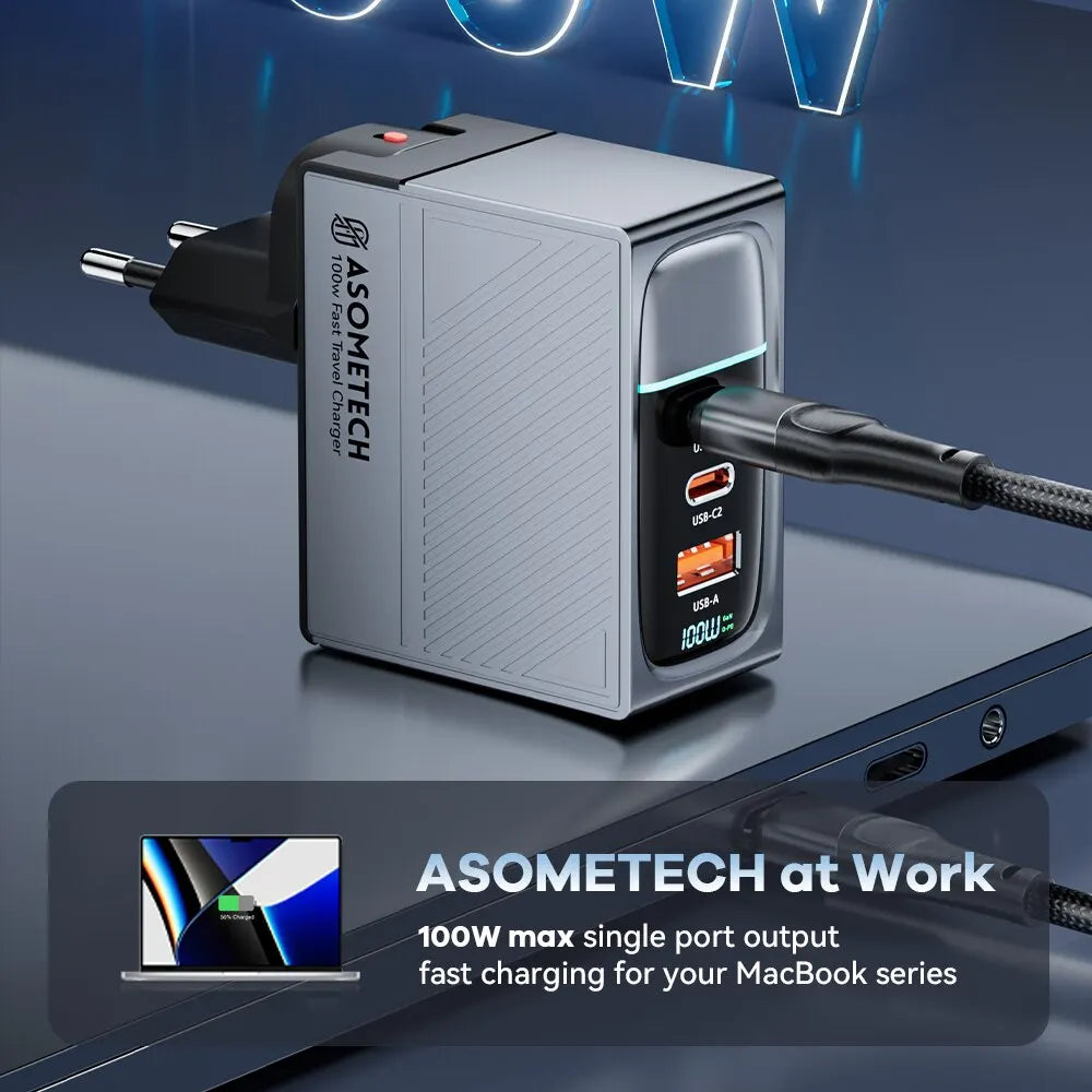 Compact silver charging adapter with multiple ports and a digital display.