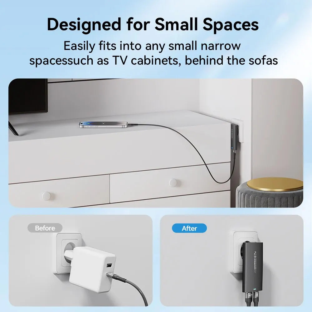 Compact, slim USB charger adapter designed to fit in tight spaces.