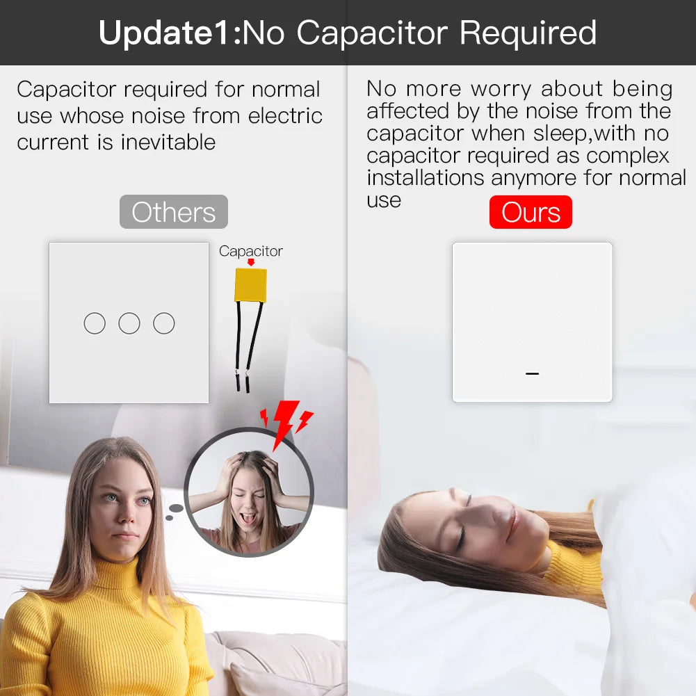 Comparison of light switches with and without capacitors.