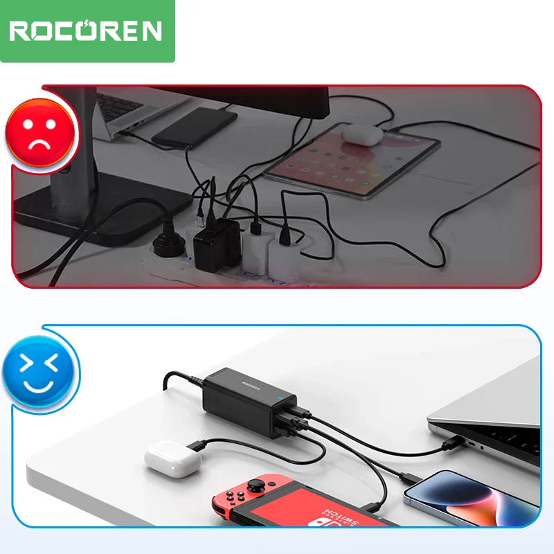 Comparison of messy versus organized electronic device charging setups.