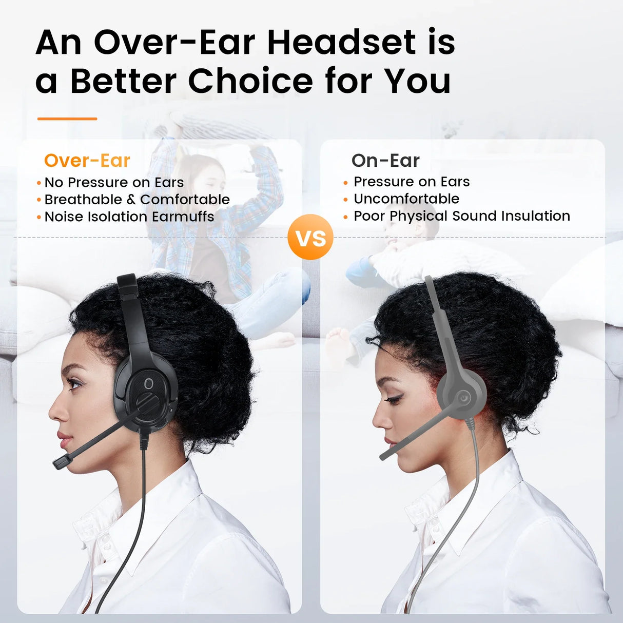 Comparison between over-ear and on-ear headsets, highlighting the advantages of over-ear models.
